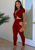 Sexy V-neck Short Sleeves High Waist Solid Hollow Out Skinny Two Piece Pants