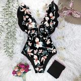 New Print Swimwear Deep V-Neck Ruffle Swimsuit Push Up One Piece Swimsuit Beach Wear Backless
