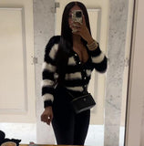 Women's Clothing Winter Explosion Fashion Black And White Stripe Single-Dcupuncture Cardigan Knitted