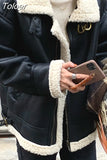 Women Faux Leather Fur Coats Sheep Leather Shearling Jackets Lady's Fashion Long Sleeve Zipped Outerwear Fall Winter Warm