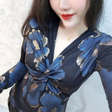 Folds Floral Printed Pullovers Sexy Slim 2023 Spring Autumn Long Sleeve Women's Clothing Commute Elegant V-Neck T-shirt-Outfit