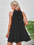 Summer Elegant Solid Color Mini Dress Sexy Sleeveless Pleated Women Loose Black Blue O-Neck Female Street White