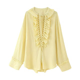 Women's Summer Folding V-Neck Folding Collar Trim With Chiffon Long-Sleeved Shirt Skirt