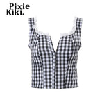 Gingham Crop Tops Summer Y2k Clothes Women Lace Trim Button Up Square Neck Backless Tank Top Cute Girls 319-1-Outfit