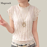 Short Sleeve Tops Patchwork Crochet Women Shirt Stand Collar Elegant Women Ladies White Lace Blouse Plus Size Blusa