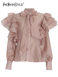 Solid Casual Shirt For Women Bow Collar Butterfly Sleeve Patchwork Buttons Loose Shirts Female 2022 Autumn