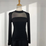 Toloer Show Thin Temperament Mesh Hollow Out Black Bottom Shirt Women's New Slim Half High Collar With Long-Sleeved