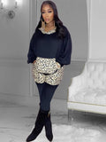 Black Contrast With Leopard Print Long Sleeve Top And Pant Two Piece