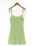 Retro French Yellow Green Floral Grass Print Spaghetti Strap Dress Sexy Women Lacing Up Sling Short Dresses Holiday Robe-Outfit