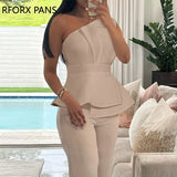 Women One Shoulder Ruched Top & Straight Leg Pants Set-Outfit