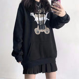 Deeptown Gothic Hoodie Women Anime Bear Print Sweatshirt Pattern Long Sleeve Pullover Oversized Streetwear Japan Style