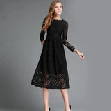 2025 New Women's Dress Round Collar Hollow Simple Lace Long Sleeves Medium Long