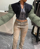 Casual Oversize Bubble Sleeve Zipper Splicing Short Black