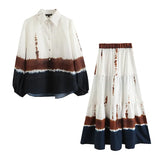 Women 2 Piece Set Elegant Tie Dye Printed Batwing Long Sleeve Turn Down Shirts Tops With High Waist A Line Midi