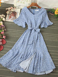 Summer Women Blue/Green/Pink Polka Dot Dress 2020 Vintage High Waist A-line Ladies Vestidos Verano Casual V-neck Dresses