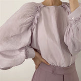 Loose Summer women Tops 2021 Long-sleeved O-neck Temperament Shirt Ruffle Fashion Shirt Casual Solid Color Blouse