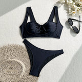 2025 New Solid-Colored Nylon With Light Split Sexy Hollow Tethered Swimsuit