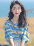 Toloer Korean Chic Oceanous Special To Beautiful Blouse Loose And Thin Blue Striped
