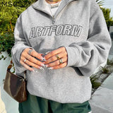 Half Zipper Oversized Hoodie Women Long Sleeve Embroidered Pullover Sweatshirt Hip Hop Harajuku Hoodie Streetwear