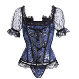 Sexy Corset Lace Up boned Overbust Bustier Belt Waist Bandage Shapers Short Sleeve Dancer Dress Top + G-string Skirt