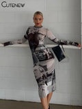 Women's Elegant Printed O-neck Patchwork Maxi Dress Full Long Sleeves Body-shaping Robe Lady Evening Attirewear Vestidos-Outfit