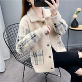 Mink Cashmere Plaid Sweater Cardigan Women Korean Fashion Single Breasted Knitted Coat Autumn Vintage Short Sweater