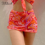 2021 Mesh Tie Dye Print Long Sleeve Crop Top Women Bandage Summer Transparent Beach Y2K Orange See Through Sexy T