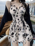 Print Long Sleeve Knit Cardigan Crop Coat Two-piece Dress Ladies Drawstring Floral V-neck French Suspender Robe Suit