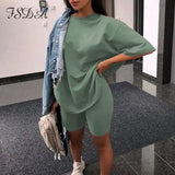 Summer 2020 Women Set O Neck Loose Short Sleeve Top Shirt And Biker Shorts Casual Two Piece Sets White Outfit Khaki
