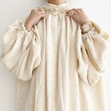 Stand Loose Plus Size Solid White Lantern Sleeve Hemp Cotton Cardigan Woman Dress 425-0-Outfit