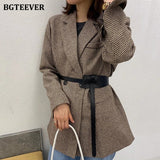 Autumn Winter Vintage Houndstooth Woolen Blazer Jackets for Women Double Breasted Belted Female Outwear with belt