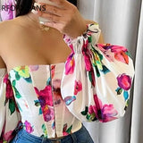 Women Off Shoulder Lantern Sleeve Floral Print Top for Women Top 2023-Outfit