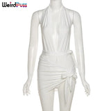 Puss Sexy Hollow Out Summer Women 2 Piece Set Halter Bodysuit+Bandage Mini Skirt Vacation Party Fashion Clubwear