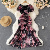 Retro Minority Design Rope Printing V-Collar Jumpsuit Skirt Summer Women's Dress Waist Hip Fishtail Skirt Tide-Outfit
