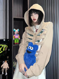 Women's Y2K Goth Cutout Zip-up Sweatshirt Grunge Long Sleeve Punk Harajuku Unisex Hooded Skeleton Hollow Pullovers-Outfit