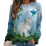 Ladies 3D Cartoon Cat Print T Shirt Women O-Neck Long Sleeve Casual Loose Clothing Tee Female Tops 5XL