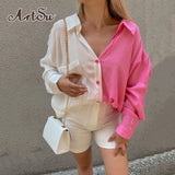 Patchwork Turn-down Collar Casual Women Shirts Long Sleeve Buttons Up Loose Blouses Lady Oversize Autumn 2021
