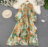 Quality Light Extravagant Lantern Long Sleeved Round Collar Waist Slim Single Breasted Printed Dress Elegant Long Skirt-Outfit