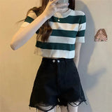 Classic Bump Striped Short-Sleeved Ice Silk Knitted Women's Summer T-Shirt Short Repair Small Shirt