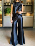 2 Pieces Sets Women Sleeveless Tank Split Hem Top And Wide Leg Pants Women Outfits Silk Pant Sets Matching Sets-Outfit