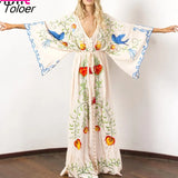 Embroidered Women Maxi Dress V-Neck Batwing Sleeve Loose Oversize Summer Dresses Drawstring Waist Boho Beach