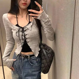 Womens 2Pcs Y2K Long Sleeve Front Cross Tie-Up O-Neck T-Shirts Set with Solid Color Halter Sleeveless Tank Camis Tops-Outfit