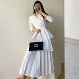 Party Sannian Spring French Temperament Lapel Cross Strap Waist Skinny Long-sleeved Pleated Dress Dresses Women