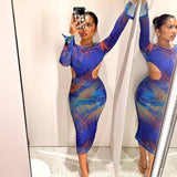 Blue Print Bodycon Dress with Sheer Mesh Sleeves Party Club Cut Out Backless Sexy Long Dresses for Women 2023