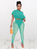 Streetwear Black 2 Two Peice Sets Womens Outfits 2022 Short Sleeve O Neck Crop Top Mesh Pants Suits Black Matching