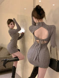 Knitted Dresses Women Sexy Half High Collar Bandage Backless Slim Stretch Basic Dress Elegant Bottoming Fashion-Outfit