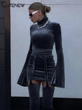 Women's Solid Sexy Velvet Patchwork Long Sleeve Turtleneck Mini Dresses +Hollow Matching Pants Stockings Midnight Party-Outfit
