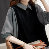 Lady Casual Plaid Patchwork Shirt Spring Autumn Peter Pan Collar Korean Loose Women's Clothing All-match Button