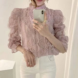 Style Stand Collar Lace Mesh Blouse Women New Long Sleeve Elegant Fashion Lady Solid Tops Sweet Clothing Blusas