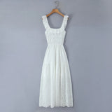 BOHO Summer White Embroidery Hollow Out hole Backless Dress Women Hem Slit Ruffles Strap Sling Midi Holiday Robe Female-Outfit